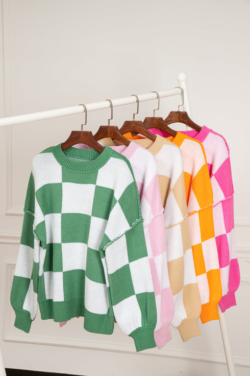 Oversized Checkerboard Knit Balloon Sleeve Pullover Sweater