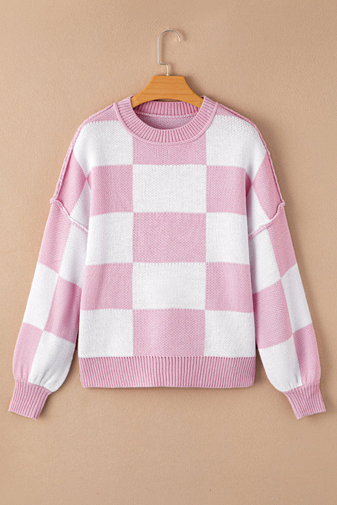 Oversized Checkerboard Knit Balloon Sleeve Pullover Sweater
