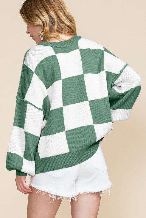 Oversized Checkerboard Knit Balloon Sleeve Pullover Sweater