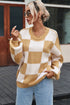 Oversized Checkerboard Knit Balloon Sleeve Pullover Sweater