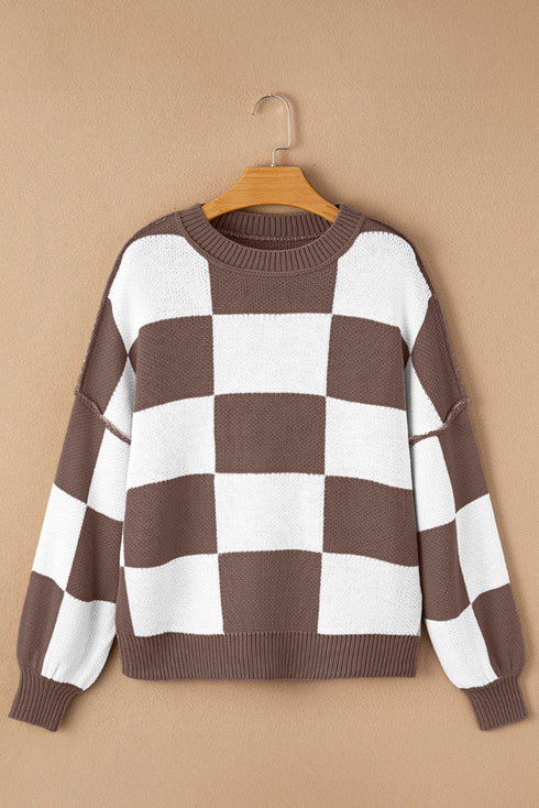 Oversized Checkerboard Knit Balloon Sleeve Pullover Sweater