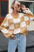 Oversized Checkerboard Knit Balloon Sleeve Pullover Sweater