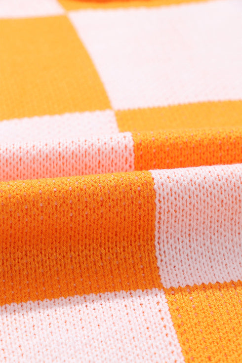 Oversized Checkerboard Knit Balloon Sleeve Pullover Sweater