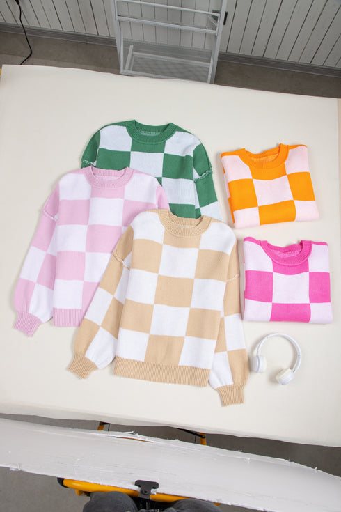 Oversized Checkerboard Knit Balloon Sleeve Pullover Sweater