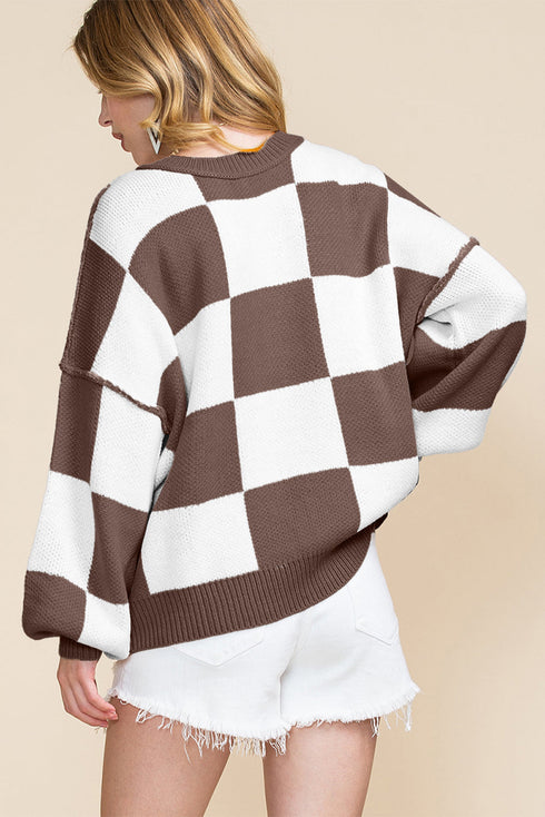 Oversized Checkerboard Knit Balloon Sleeve Pullover Sweater