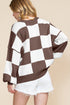 Oversized Checkerboard Knit Balloon Sleeve Pullover Sweater