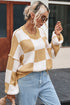 Oversized Checkerboard Knit Balloon Sleeve Pullover Sweater