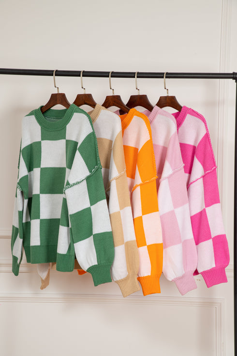 Oversized Checkerboard Knit Balloon Sleeve Pullover Sweater