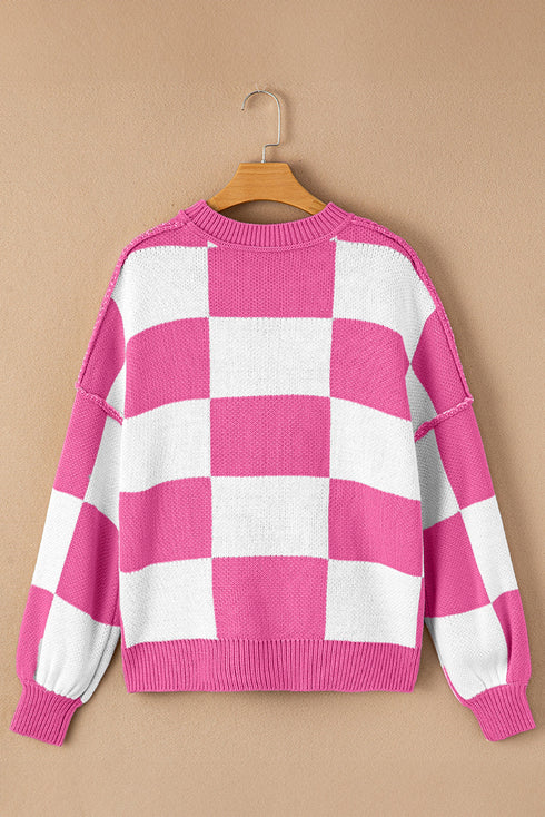 Oversized Checkerboard Knit Balloon Sleeve Pullover Sweater
