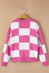 Oversized Checkerboard Knit Balloon Sleeve Pullover Sweater