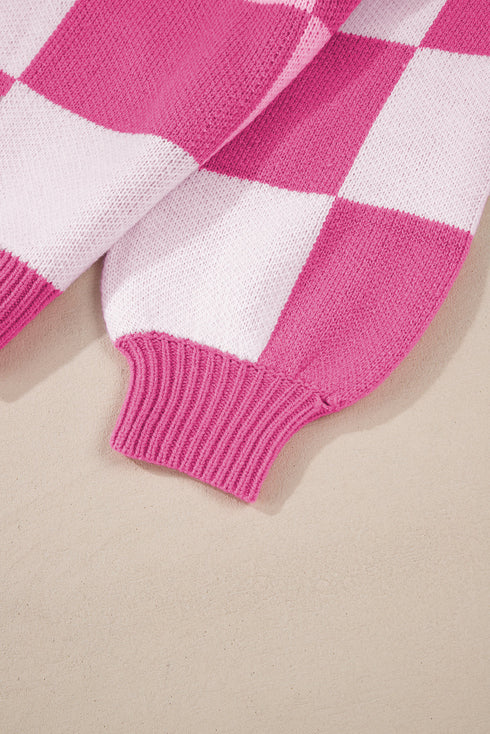 Oversized Checkerboard Knit Balloon Sleeve Pullover Sweater