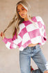 Oversized Checkerboard Knit Balloon Sleeve Pullover Sweater