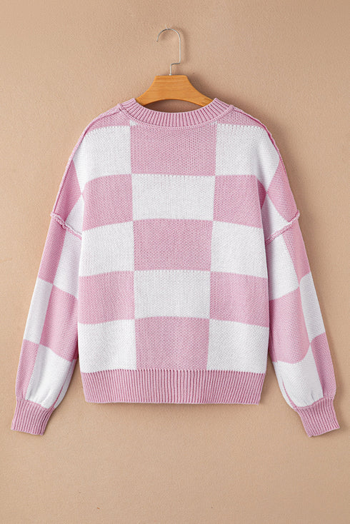 Oversized Checkerboard Knit Balloon Sleeve Pullover Sweater