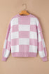 Oversized Checkerboard Knit Balloon Sleeve Pullover Sweater