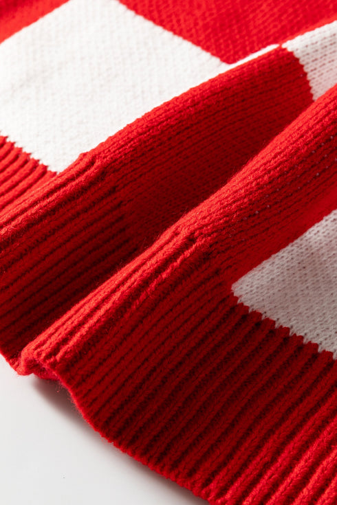 Oversized Checkerboard Knit Balloon Sleeve Pullover Sweater