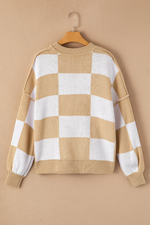 Oversized Checkerboard Knit Balloon Sleeve Pullover Sweater