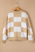 Oversized Checkerboard Knit Balloon Sleeve Pullover Sweater