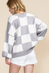 Oversized Checkerboard Knit Balloon Sleeve Pullover Sweater