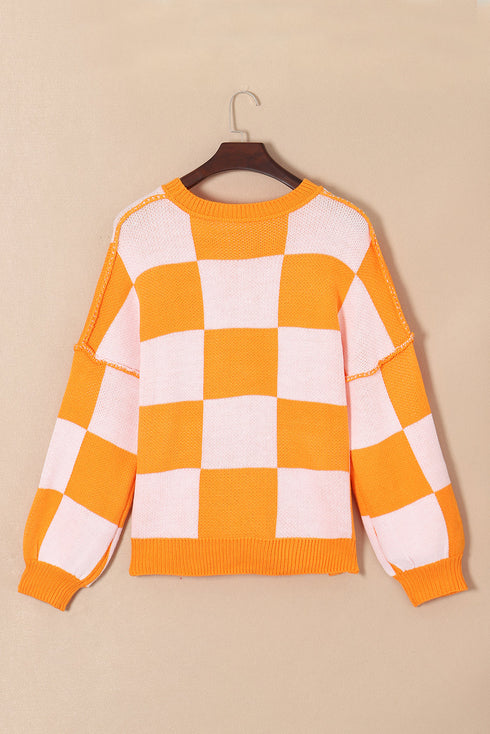 Oversized Checkerboard Knit Balloon Sleeve Pullover Sweater