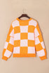Oversized Checkerboard Knit Balloon Sleeve Pullover Sweater