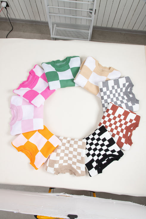 Oversized Checkerboard Knit Balloon Sleeve Pullover Sweater