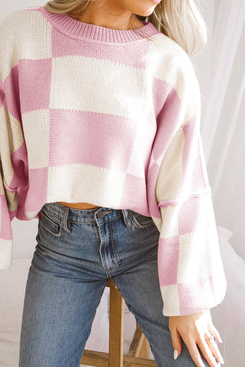 Oversized Checkerboard Knit Balloon Sleeve Pullover Sweater