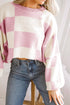 Oversized Checkerboard Knit Balloon Sleeve Pullover Sweater