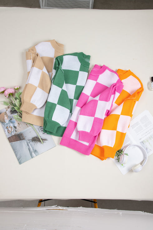 Oversized Checkerboard Knit Balloon Sleeve Pullover Sweater