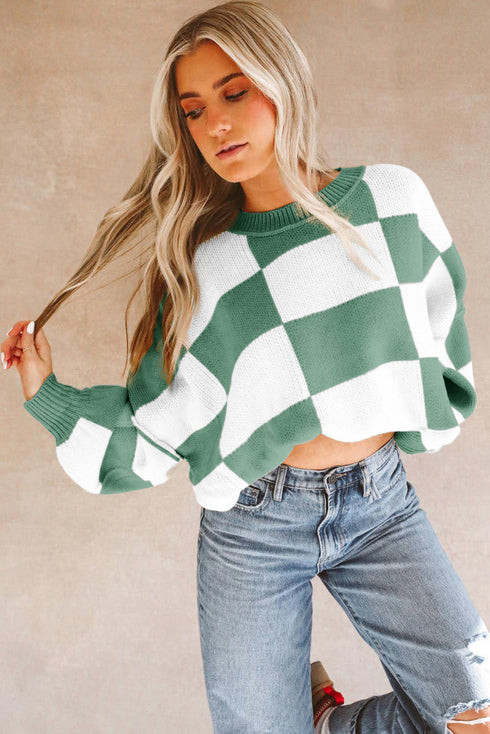 Oversized Checkerboard Knit Balloon Sleeve Pullover Sweater