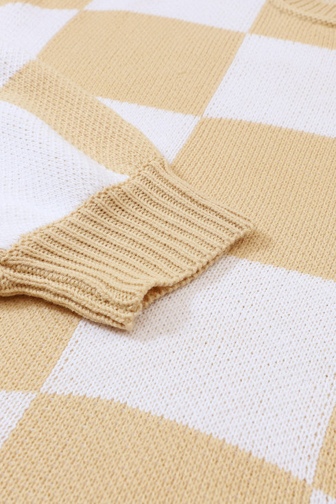 Oversized Checkerboard Knit Balloon Sleeve Pullover Sweater