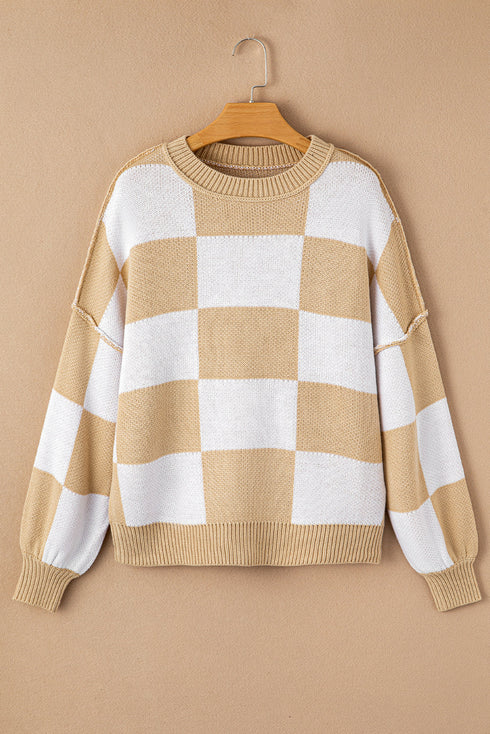 Oversized Checkerboard Knit Balloon Sleeve Pullover Sweater
