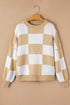 Oversized Checkerboard Knit Balloon Sleeve Pullover Sweater