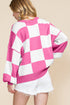 Oversized Checkerboard Knit Balloon Sleeve Pullover Sweater