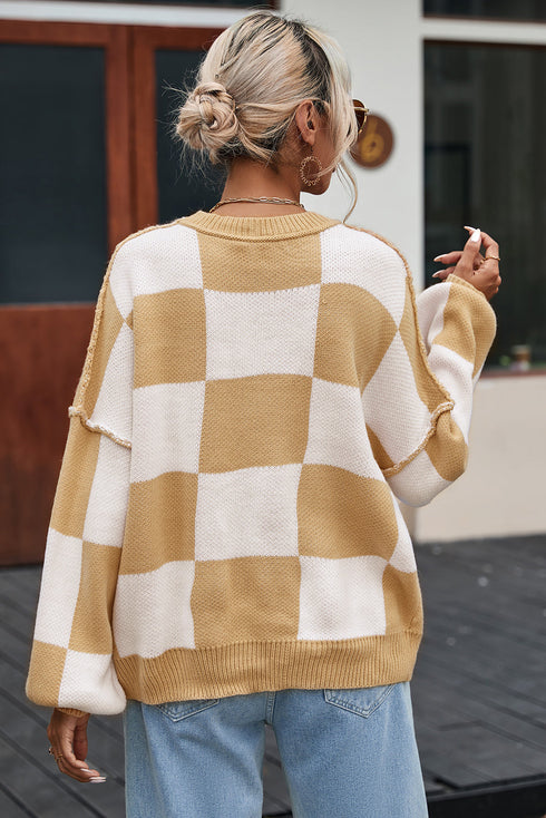 Oversized Checkerboard Knit Balloon Sleeve Pullover Sweater