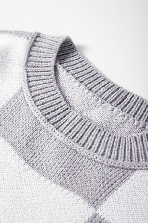 Oversized Checkerboard Knit Balloon Sleeve Pullover Sweater