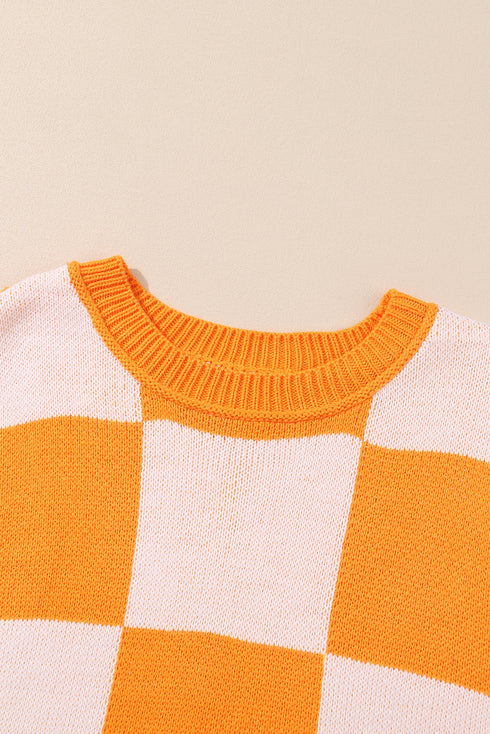 Oversized Checkerboard Knit Balloon Sleeve Pullover Sweater