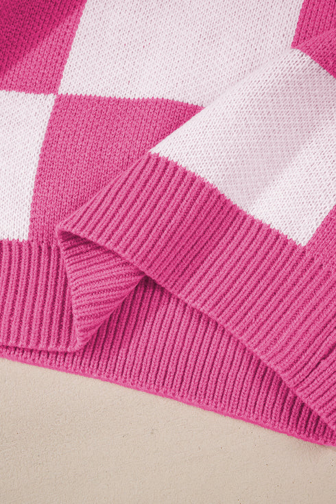 Oversized Checkerboard Knit Balloon Sleeve Pullover Sweater