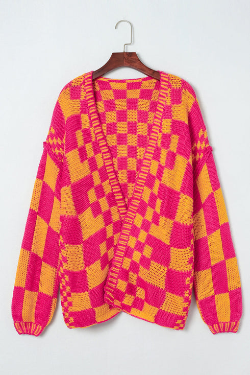 Oversized Checkerboard Pattern Chunky Knit Open Front Cardigan