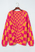 Oversized Checkerboard Pattern Chunky Knit Open Front Cardigan