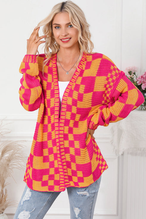 Oversized Checkerboard Pattern Chunky Knit Open Front Cardigan