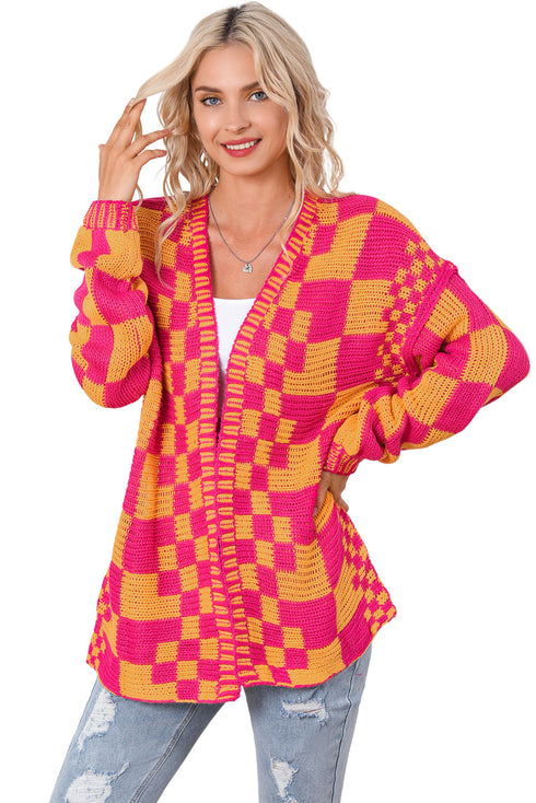 Oversized Checkerboard Pattern Chunky Knit Open Front Cardigan