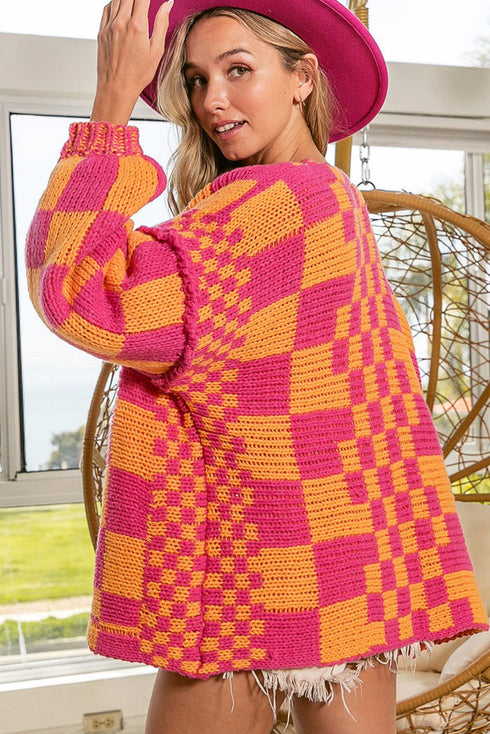 Oversized Checkerboard Pattern Chunky Knit Open Front Cardigan