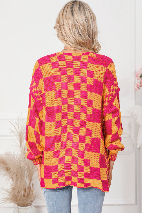 Oversized Checkerboard Pattern Chunky Knit Open Front Cardigan