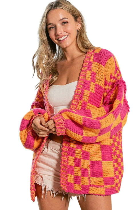 Oversized Checkerboard Pattern Chunky Knit Open Front Cardigan
