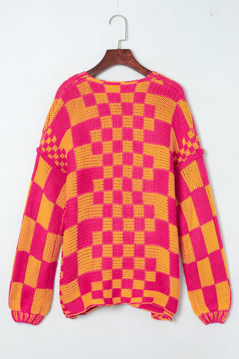 Oversized Checkerboard Pattern Chunky Knit Open Front Cardigan
