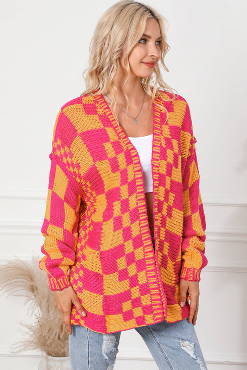 Oversized Checkerboard Pattern Chunky Knit Open Front Cardigan