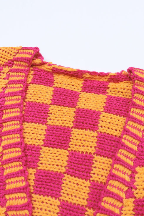 Oversized Checkerboard Pattern Chunky Knit Open Front Cardigan