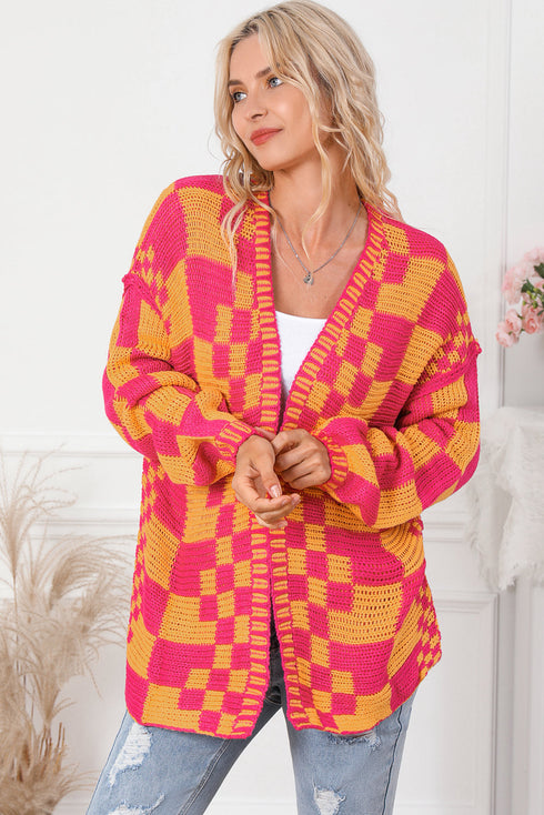 Oversized Checkerboard Pattern Chunky Knit Open Front Cardigan