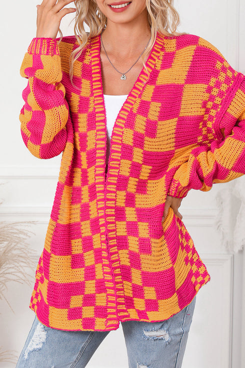 Oversized Checkerboard Pattern Chunky Knit Open Front Cardigan