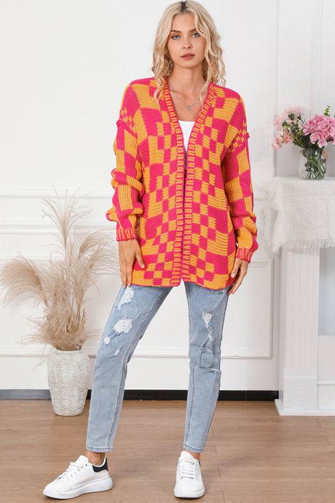 Oversized Checkerboard Pattern Chunky Knit Open Front Cardigan